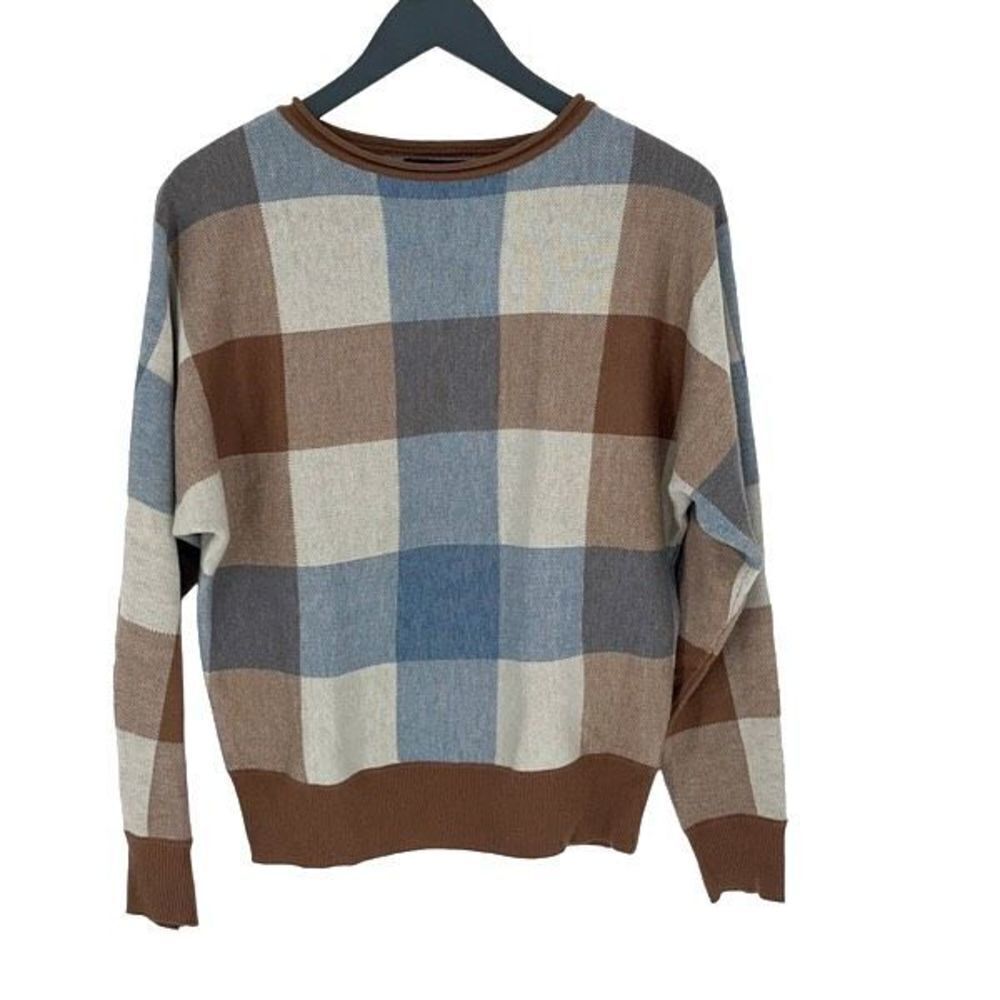 Cynthia Rowleyโ Women'sโPlaid Pullover Crewneck Sweater Brown & Blue Size XS